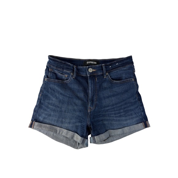Express Pants - Express Denim Shorts Womens Size 4 Blue Midi High Rise Stretch‎ Cuffed Dark Wash